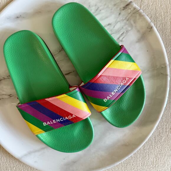 Balenciaga Rainbow Slides Flat Slip On Slippers Casual Sandals Green Size 37 - Picture 1 of 6